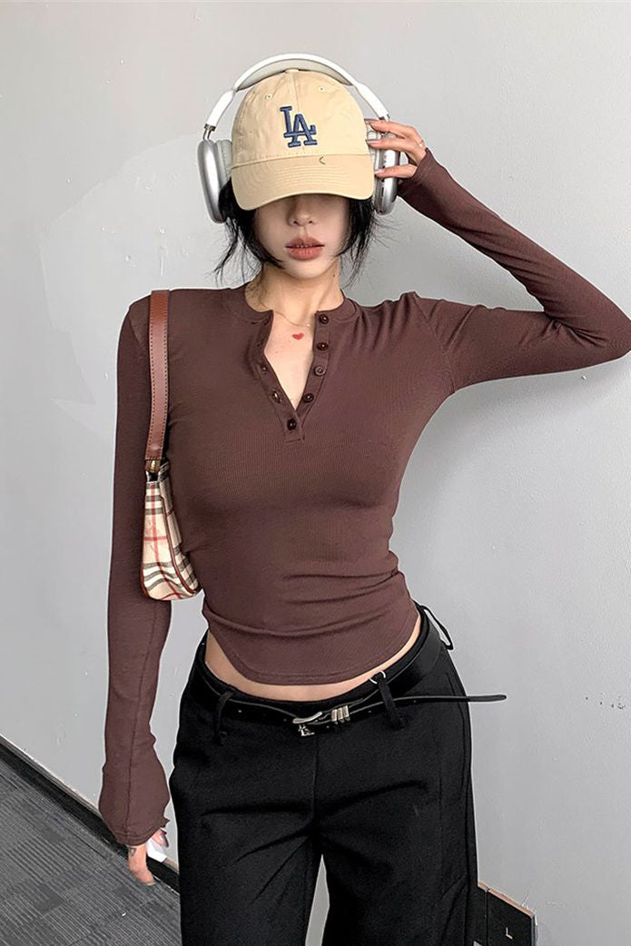 Buttons Neck Long Sleeve Top Tee
