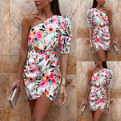 Floral Print One Shoulder Mini Dress