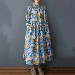 Floral Turn-Down Collar A-Line Midi Dress
