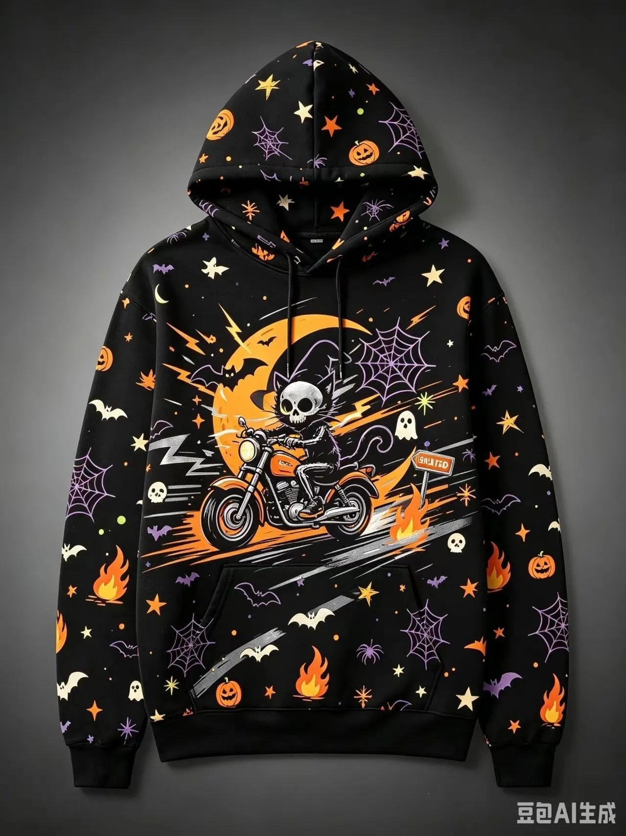 Halloween Black Cat Pumpkin Bat Moon Graphic Hoodie