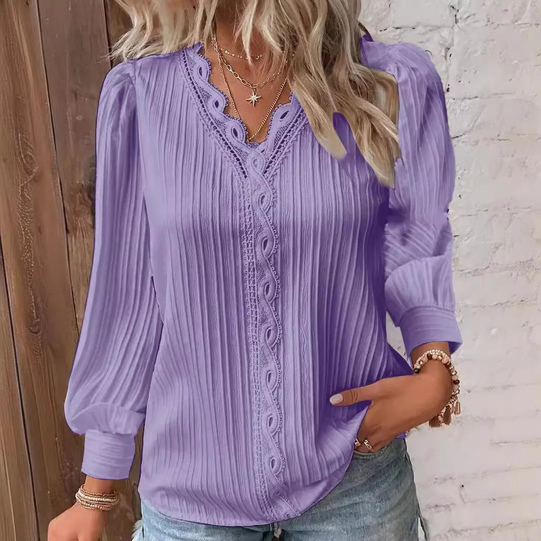 White Lace Trim Blouse, V-Neck Puff Sleeve Textured Long Sleeve Top