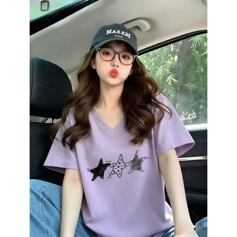 V Neck Pentagram Print Loose Pure Cotton Short Sleeve Casual T-shirt