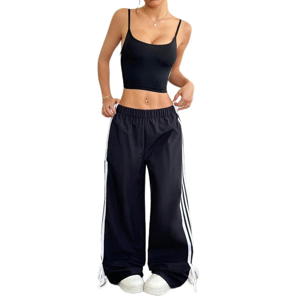 Street Striped Drawstring Wide Leg Casual Pants