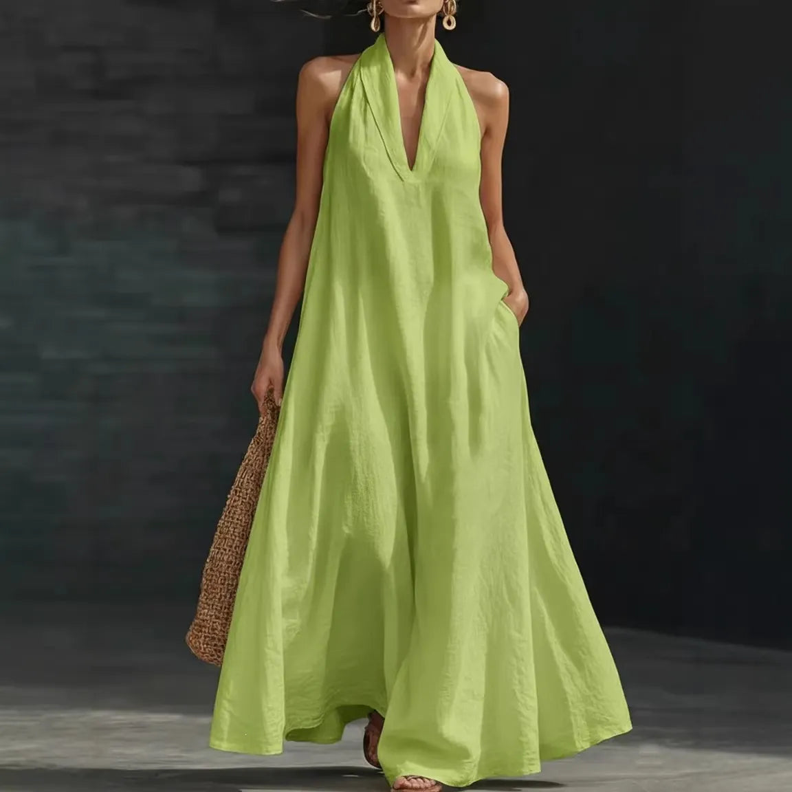 Solid Color Halter Neck A-Line Maxi Dress