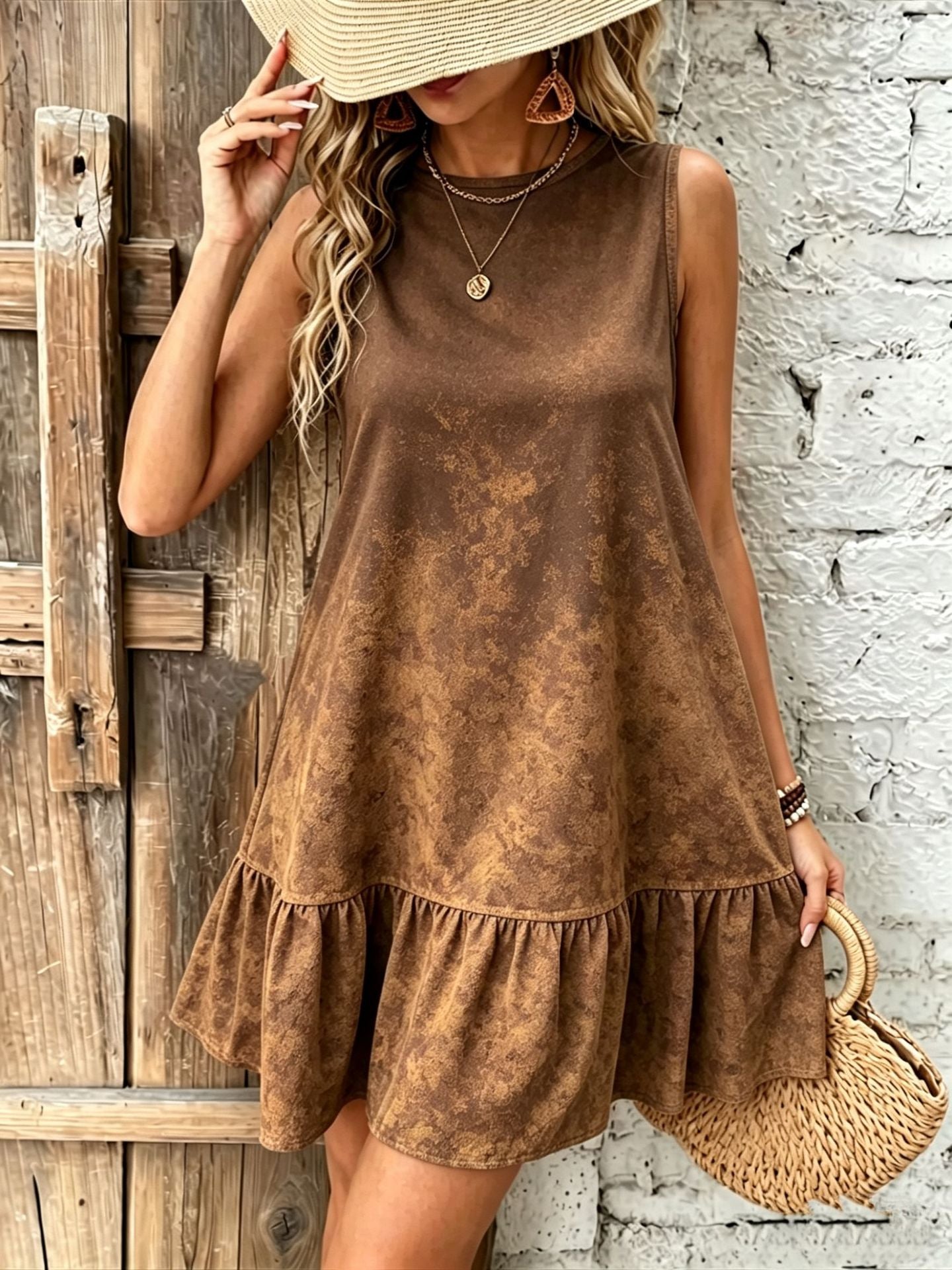 Green Gradient Round Neck Sleeveless Ruffle Hem Mini Dress