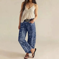 Mid‑Waist Striped Printed Loose Barrel Jeans