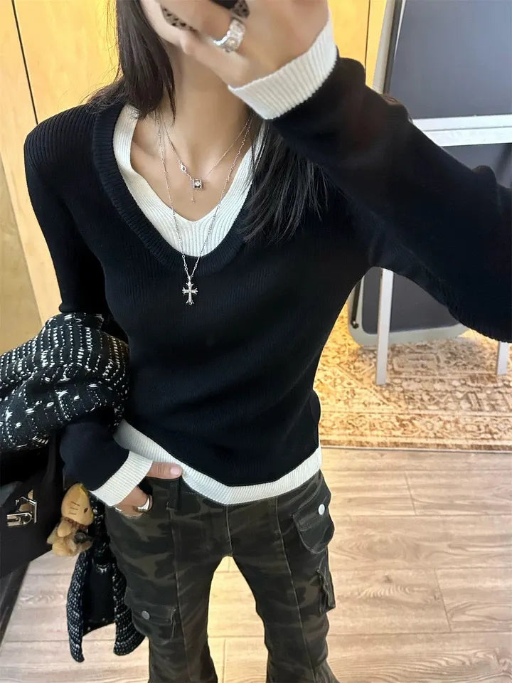 Mock Two‑Piece Contrast V Neck Ribbed Knit Top