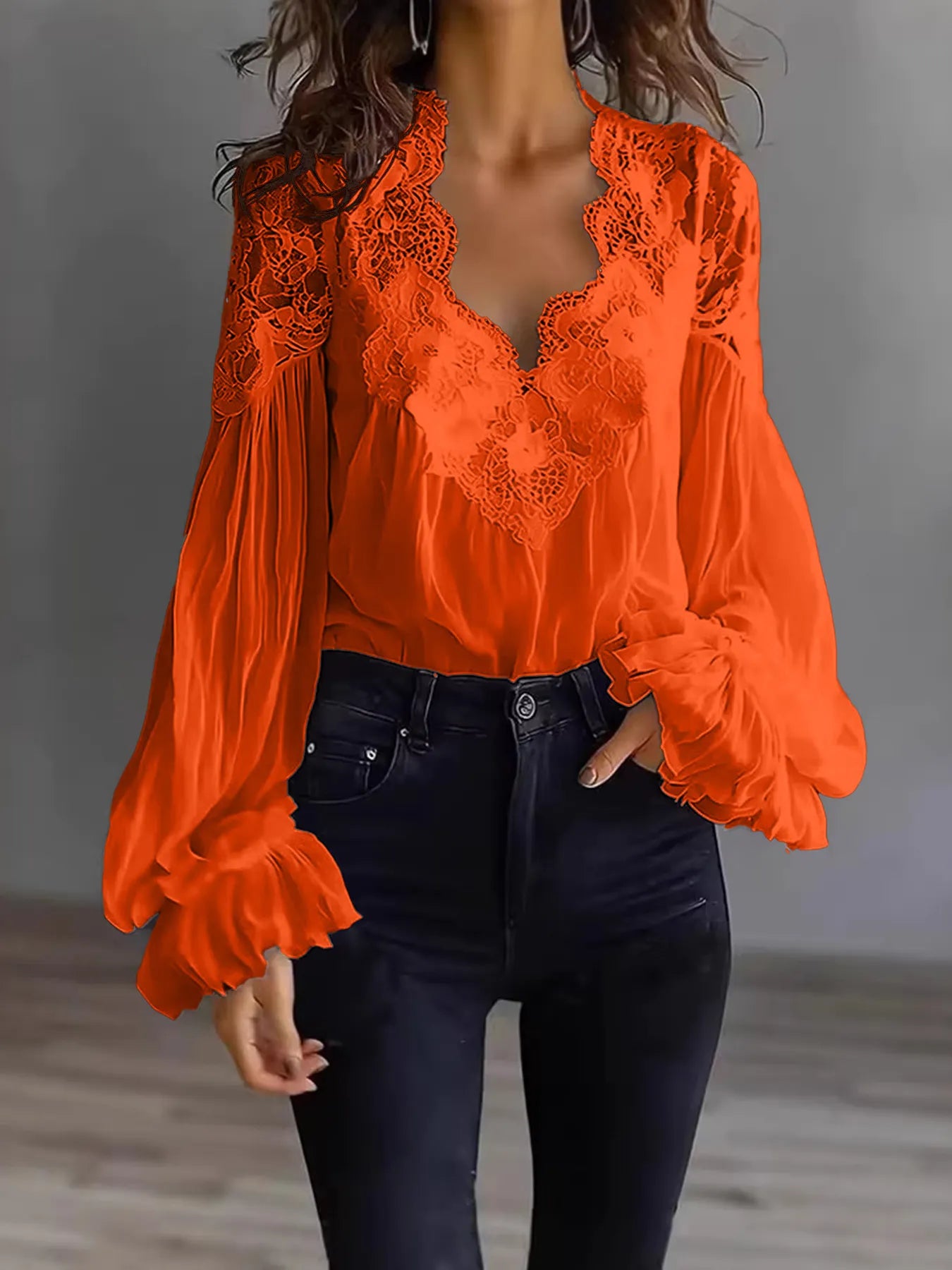 Lace Trim V-Neck Bubble Sleeve Blouse
