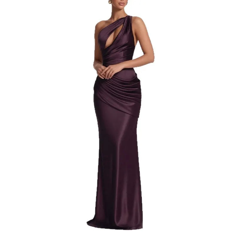 One Shoulder Cutout Satin Mermaid Evening Maxi Dress
