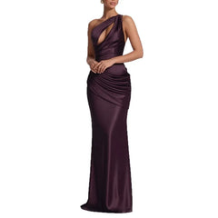 One Shoulder Cutout Satin Mermaid Evening Maxi Dress