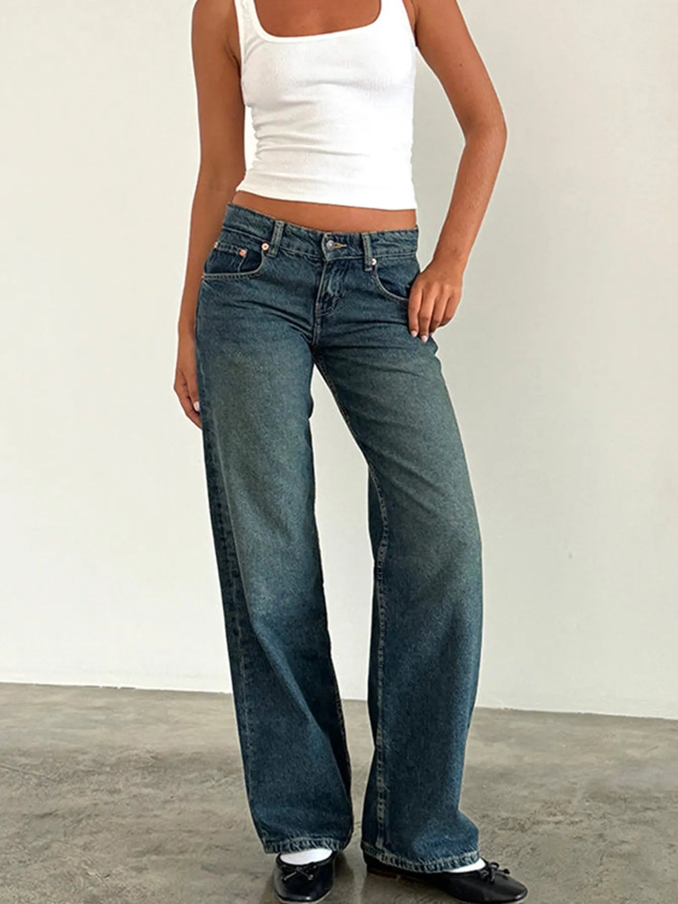 Vintage Wash Low Rise Wide Leg Denim Jeans