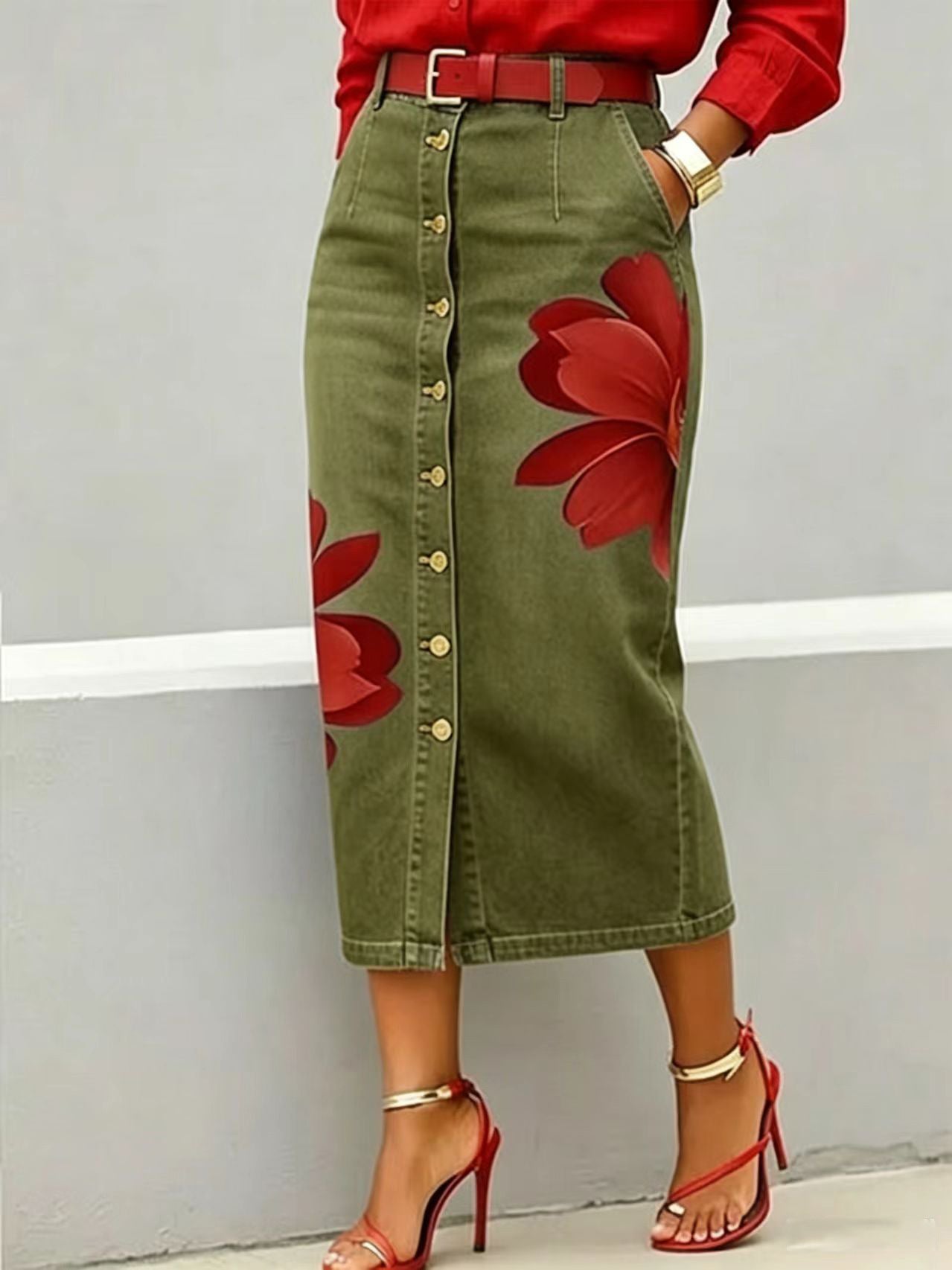 High Waist Red Flower Print Denim Midi Skirt, Button Front Straight Jean Skirt