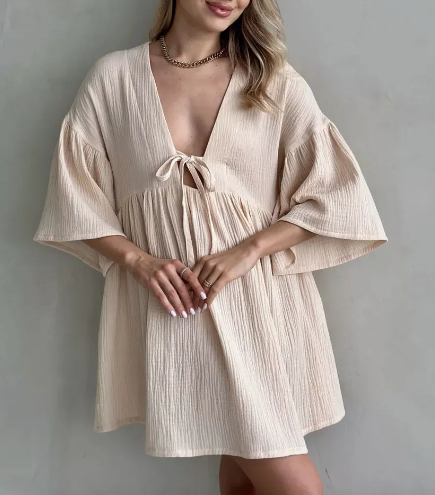 V-Neck Tie Front Flare Sleeve Crinkle Mini Dress