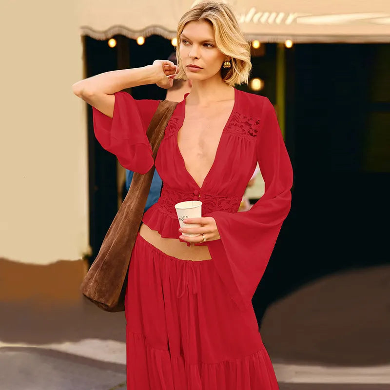 Matching Flowy Linen Look Lace Spliced V-Neck Long Sleeve Chiffon Tiered Skirt Two Piece Casual Daily Outfit Set