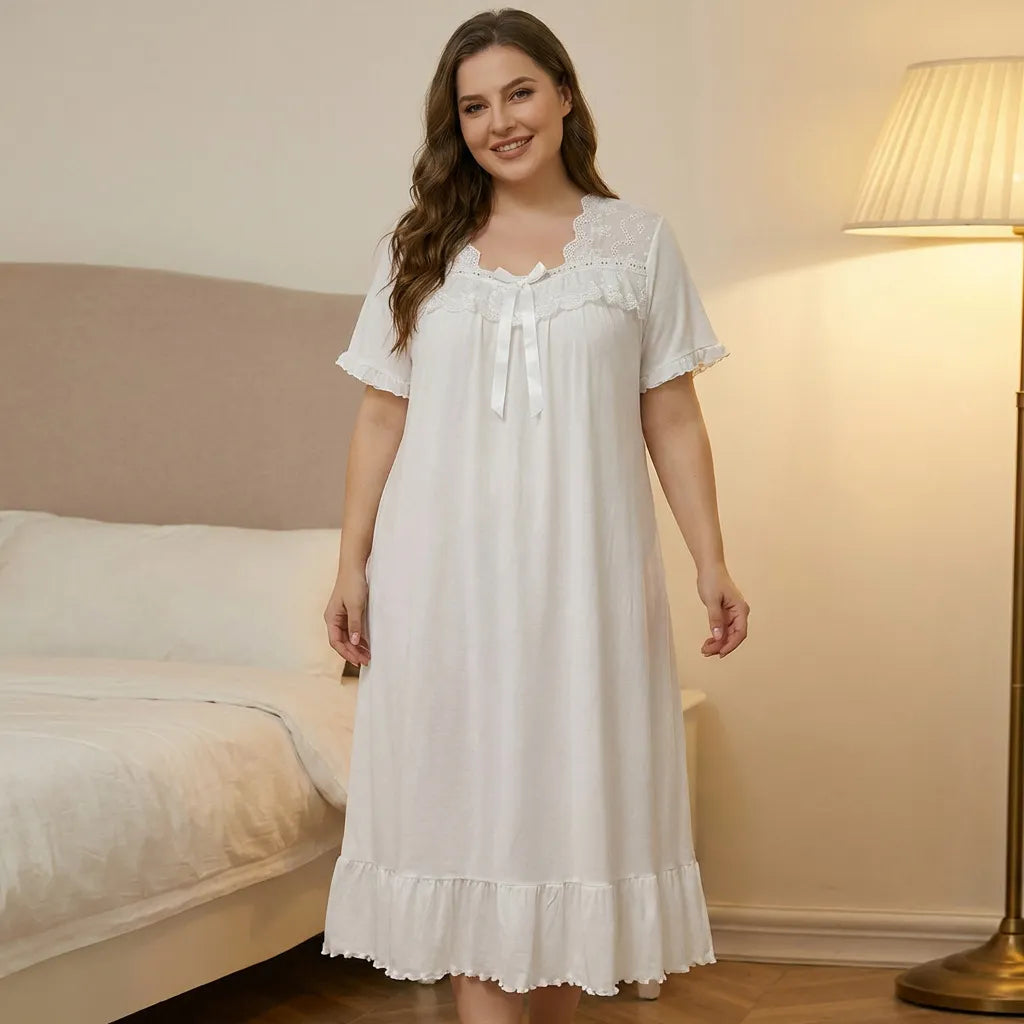 Oversized Pink Nightgown, Romantic Lace V-Neck Bow Decor Short Sleeve Maxi Sleep Dress