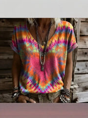 3D Color Block Print V Neck Rolled Short Sleeve Casual Tee
