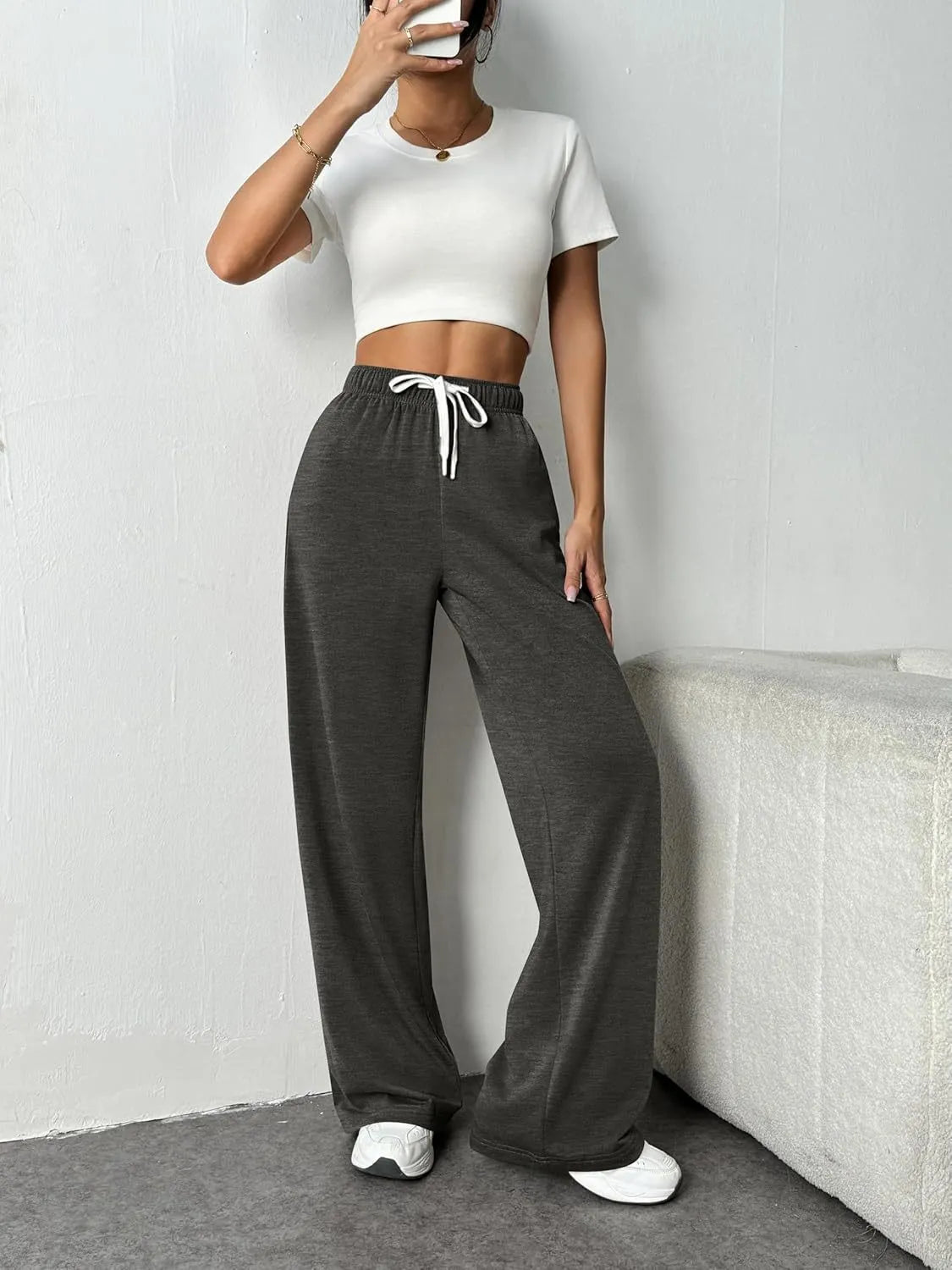 Elastic Drawstring High Waist Solid Wide Leg Sweatpants