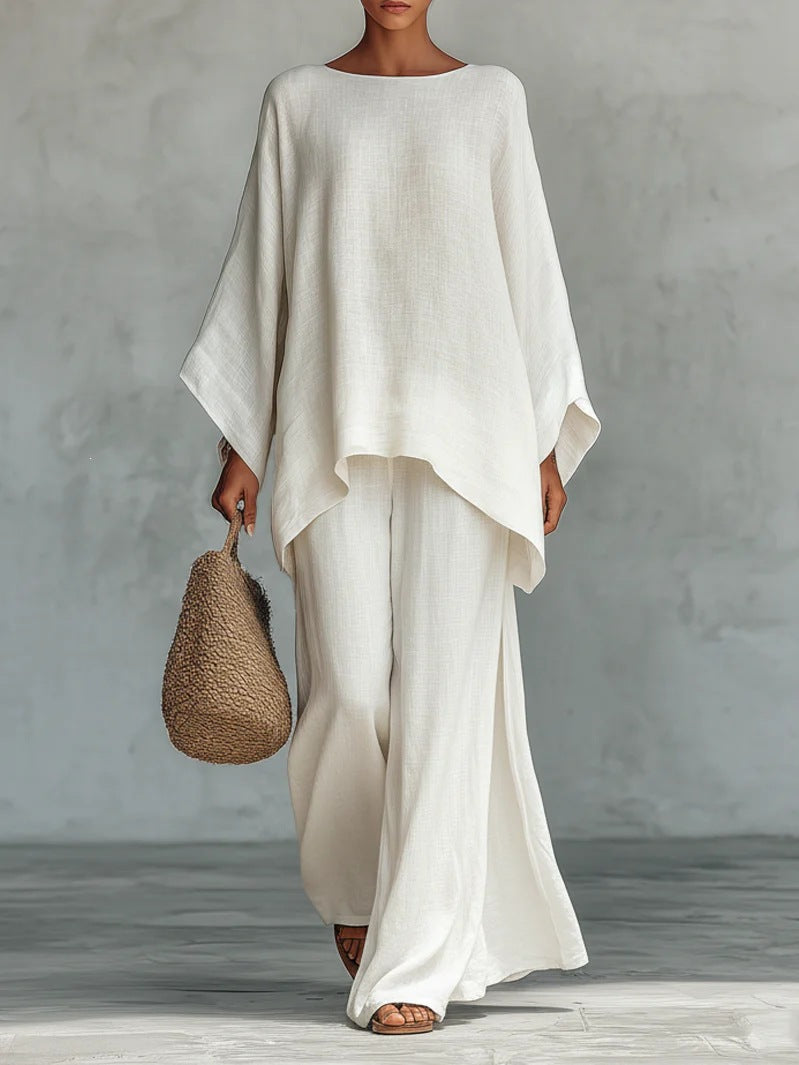 White Linen-Blend Oversized Top & Wide-Leg Pants Set