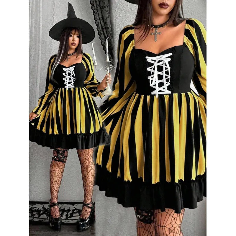 Halloween Beetlejuice Striped Dress, Goth Corset Front Puff Long Sleeve Flared Ruffle Short Dress