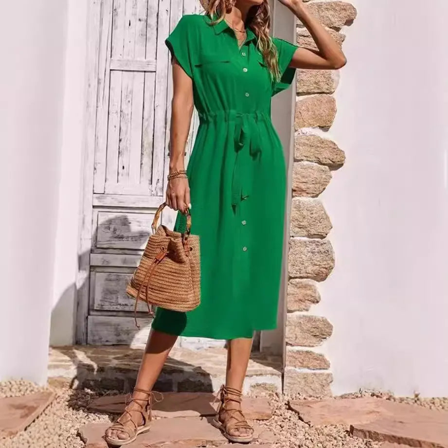 Green Tie-Waist Button-Front Shirt Maxi Dress