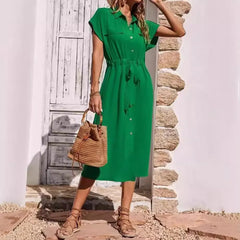 Green Tie-Waist Button-Front Shirt Maxi Dress