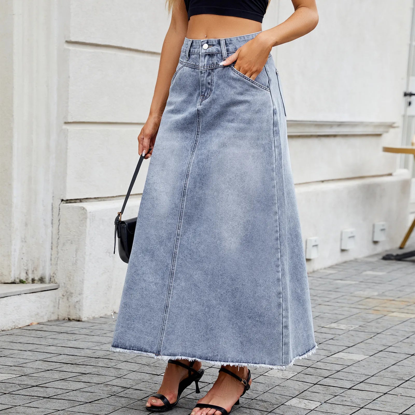 Raw Hem Denim Maxi Skirt