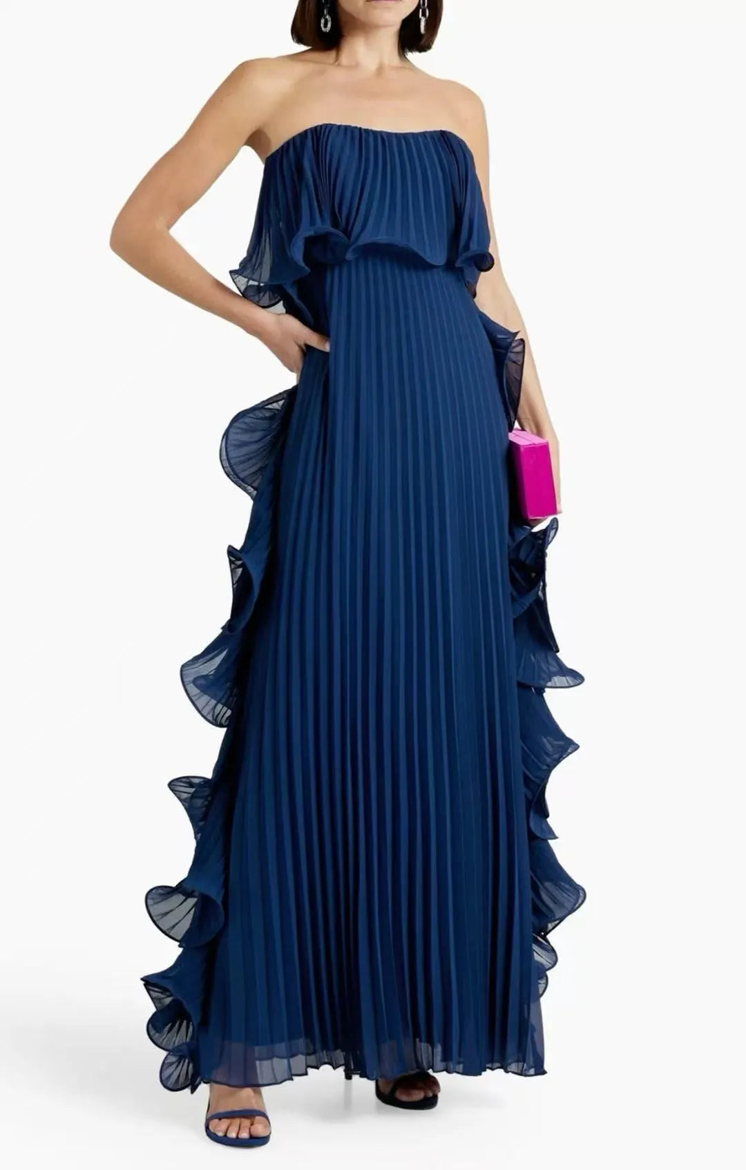 Strapless Ruffle Pleated Maxi Evening Dress