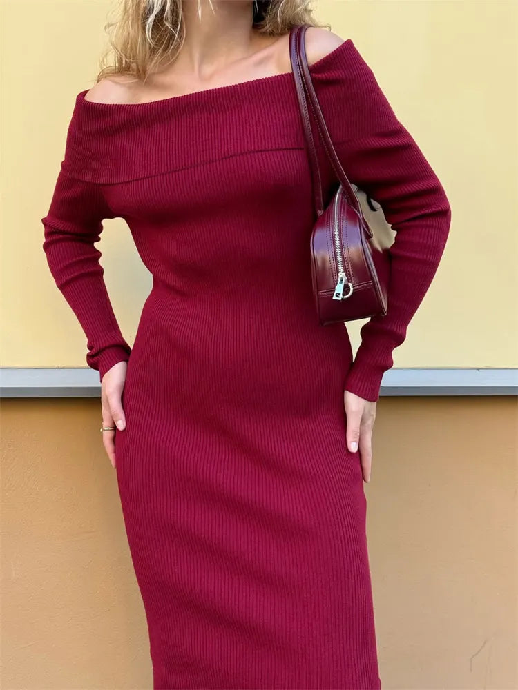 Off Shoulder Ribbed Knit Maxi Dress