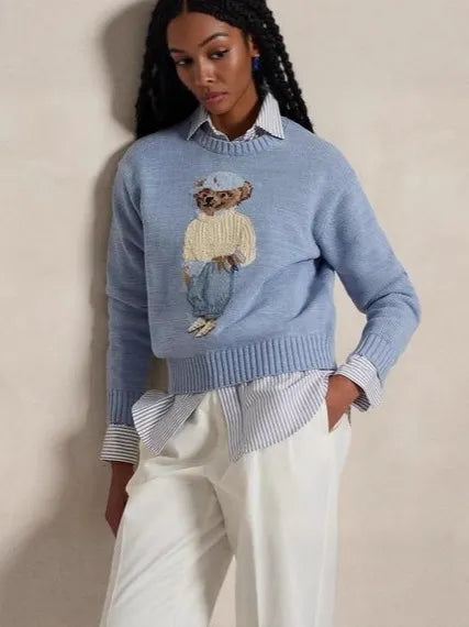Cartoon Bear Applique Crew Neck Pullover Sweater