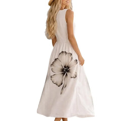 3D Floral Print Notched V-Neck Sleeveless A-Line Maxi Dress