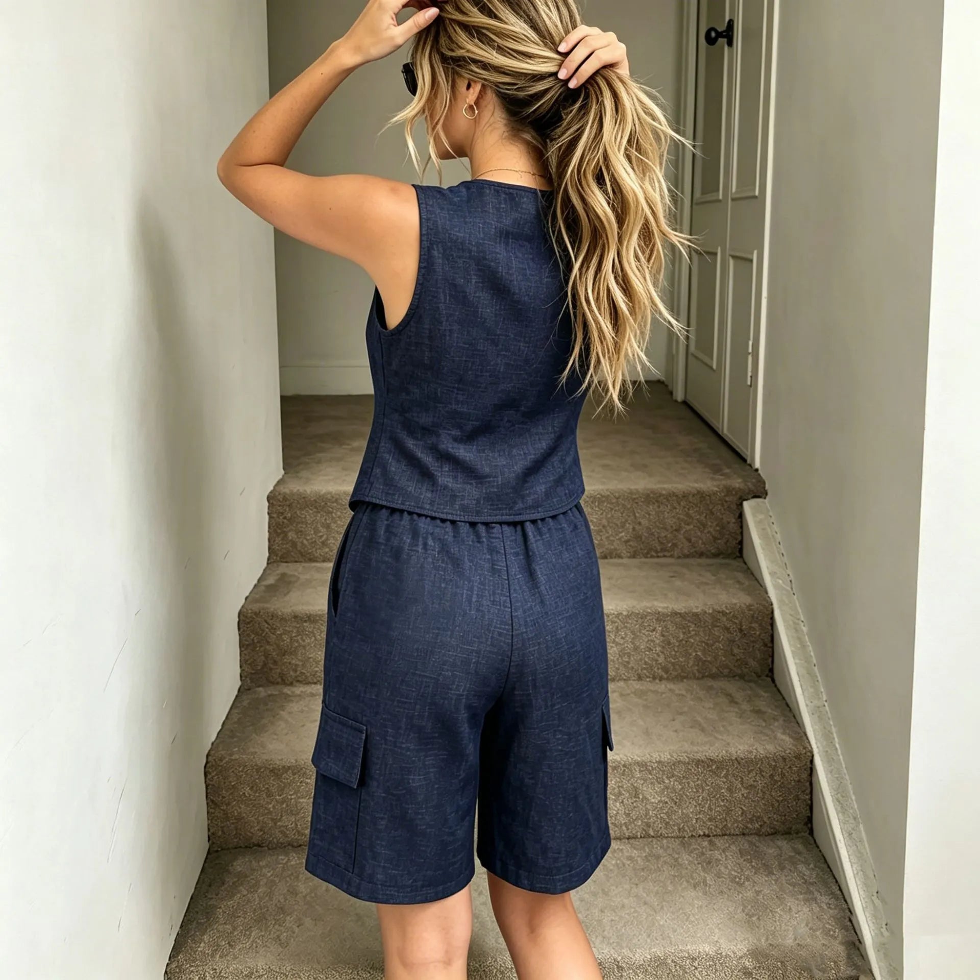 V-Neck Button Vest & Cargo Pocket Shorts Casual Two-Piece Set