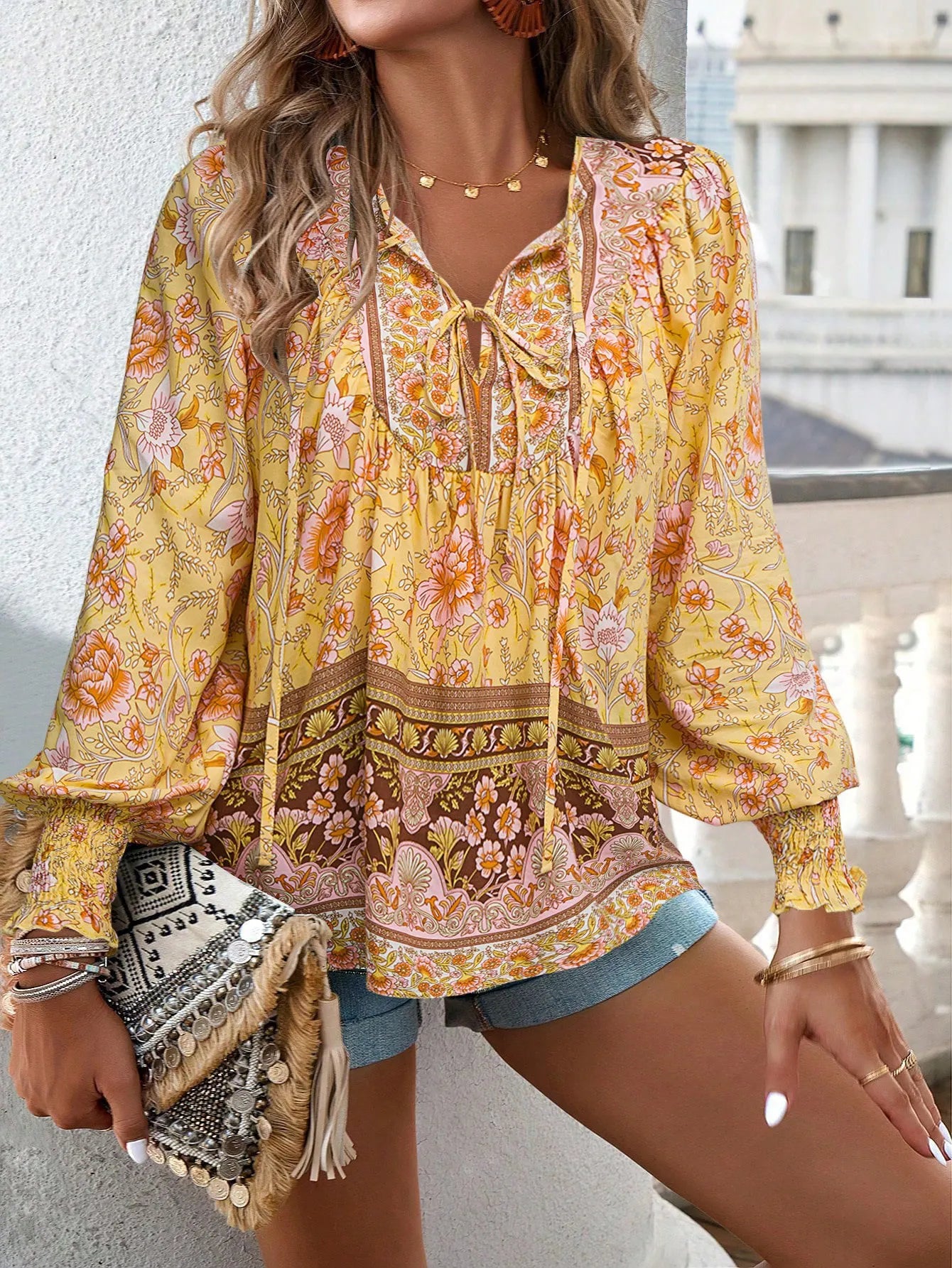 Boho Floral V-Neck Long Sleeve Loose Blouse