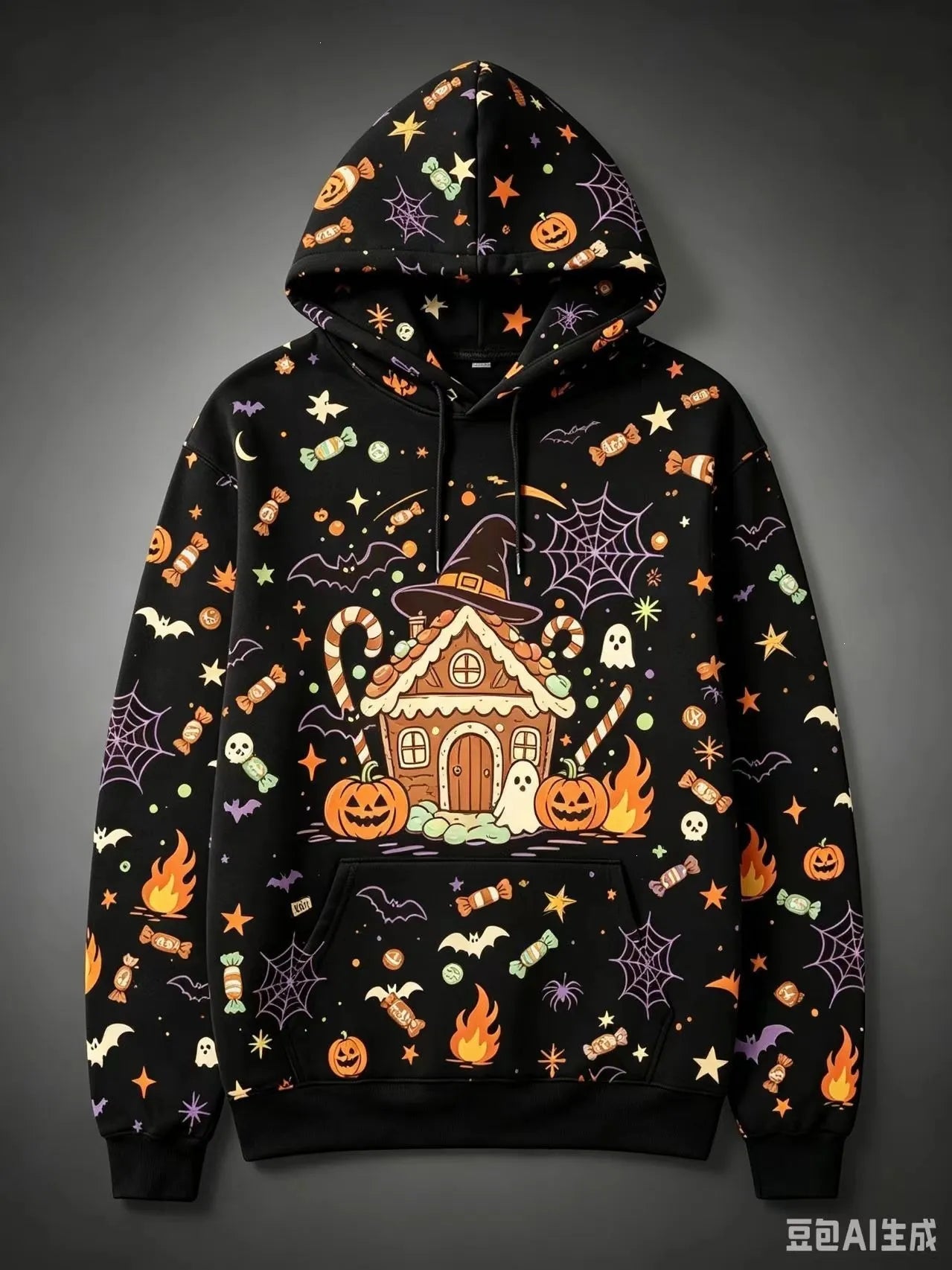 Halloween Black Cat Pumpkin Bat Moon Graphic Hoodie