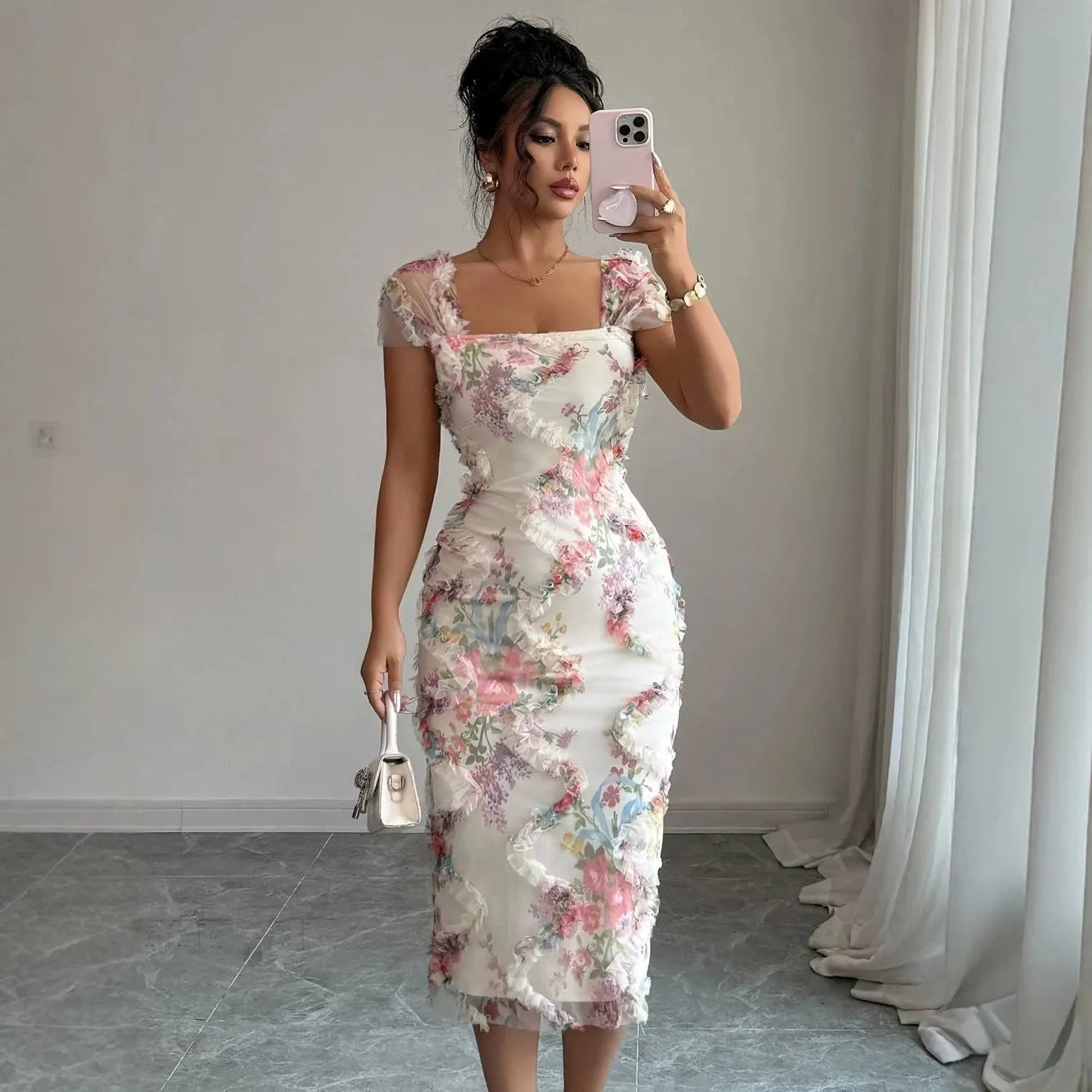 Square Neck Mesh Short Sleeve Floral Print Slim Midi Dress