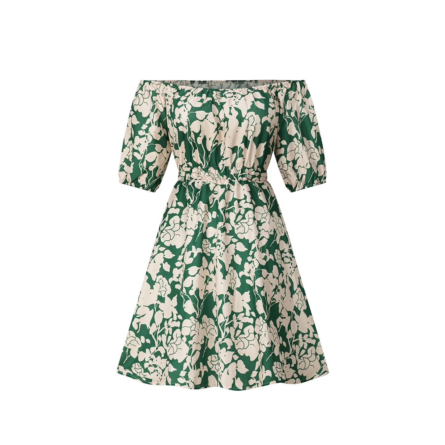 Floral Print Off Shoulder High Waist Swing Dress Short Sleeve Elegant Casual Midi Dress