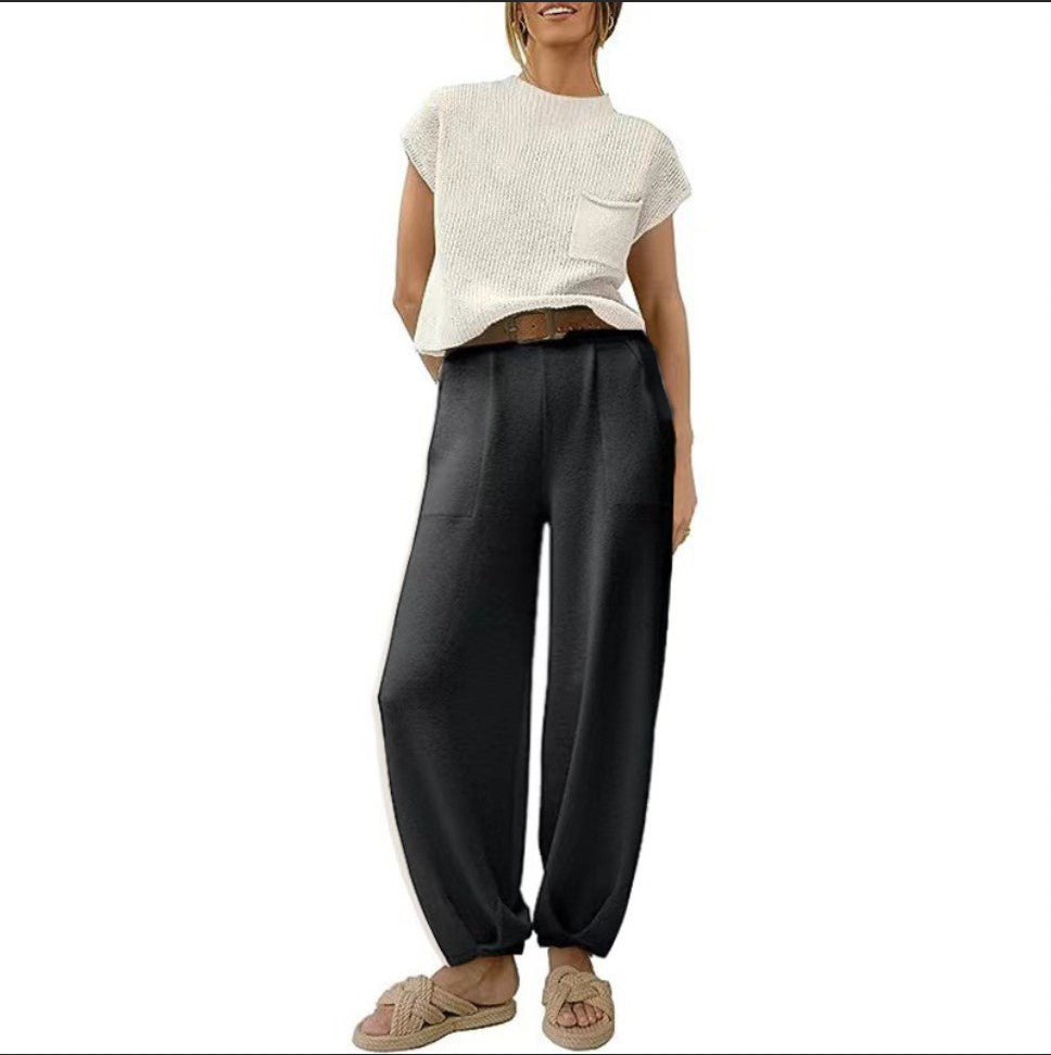 White Knit Short-Sleeve Top & Khaki High-Waisted Pants Two-Piece Set