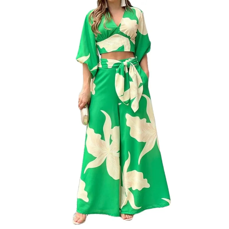 Floral Print V Neck Tie Crop Top & Wide Leg Pants Two Piece Set