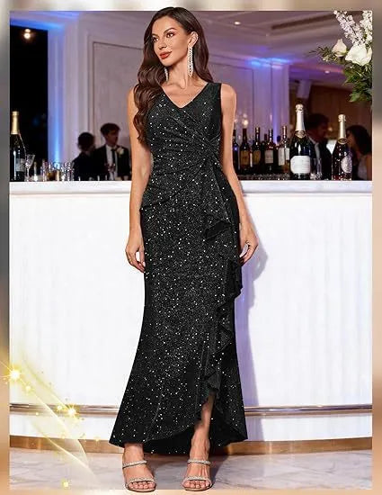 Sleeveless V Neck Sequin Maxi Dress, Ruched Ruffle Split Hem Formal Evening Gown