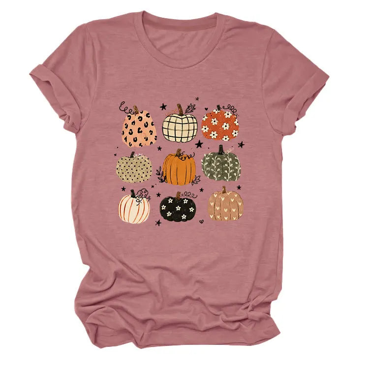 Leopard Floral Plaid Pumpkin Casual Short Sleeve Tee