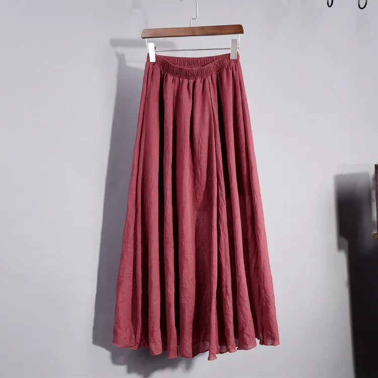 Linen Blend Maxi Skirt High Waist Pleated Flowy Skirt