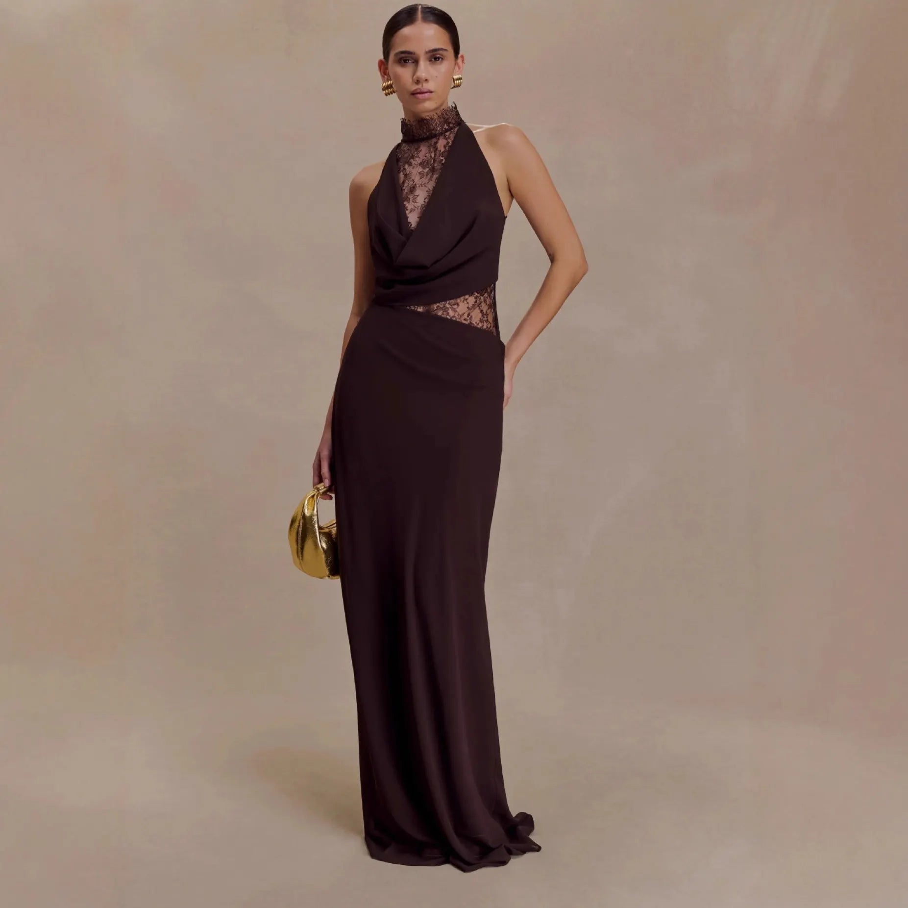 Chocolate Brown Halter Maxi Dress, Lace Cutout Backless Formal Gown