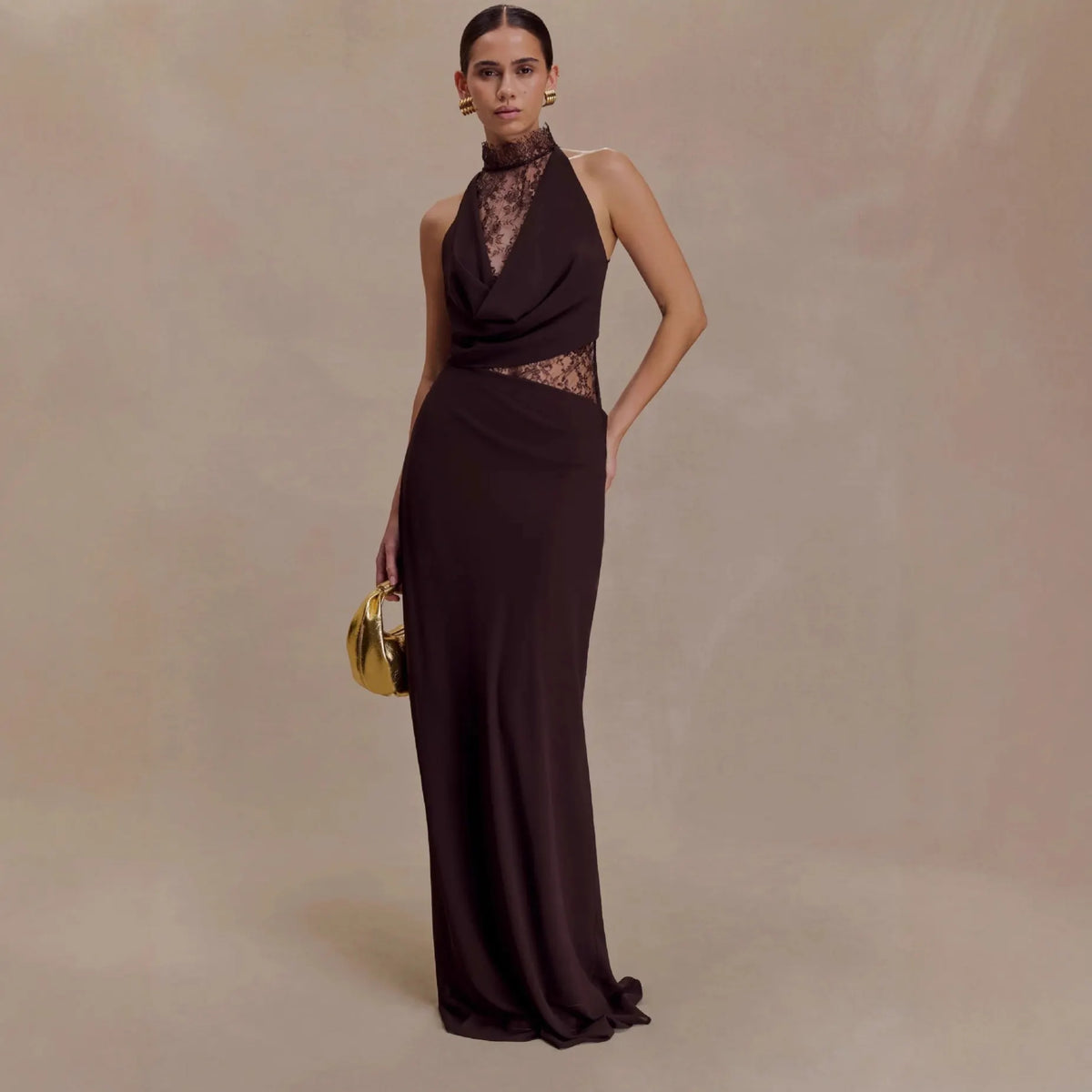 Chocolate Brown Halter Maxi Dress, Lace Cutout Backless Formal Gown