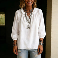 Ruffle Stand Collar Half Button Puff Three-Quarter Sleeve Solid Polyester Blouse