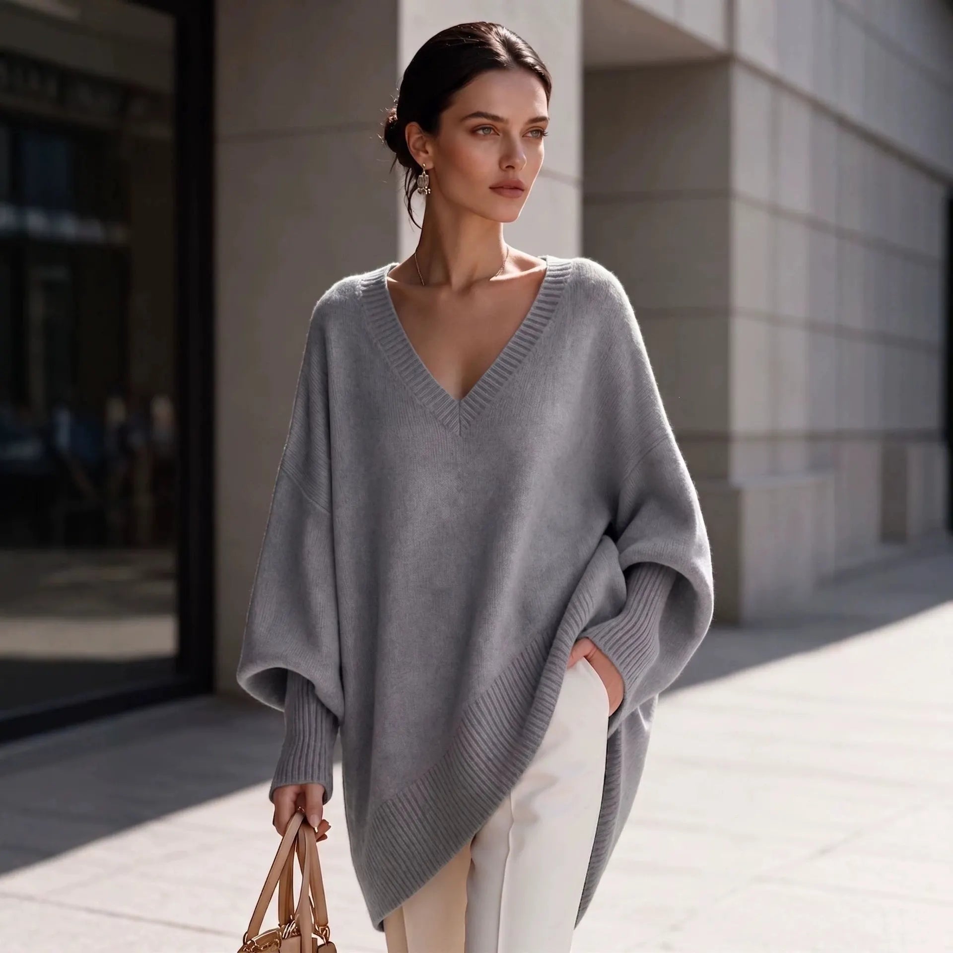 Dusty Pink Oversized V Neck Tunic Sweater, Batwing Long Sleeve Soft Knit Top