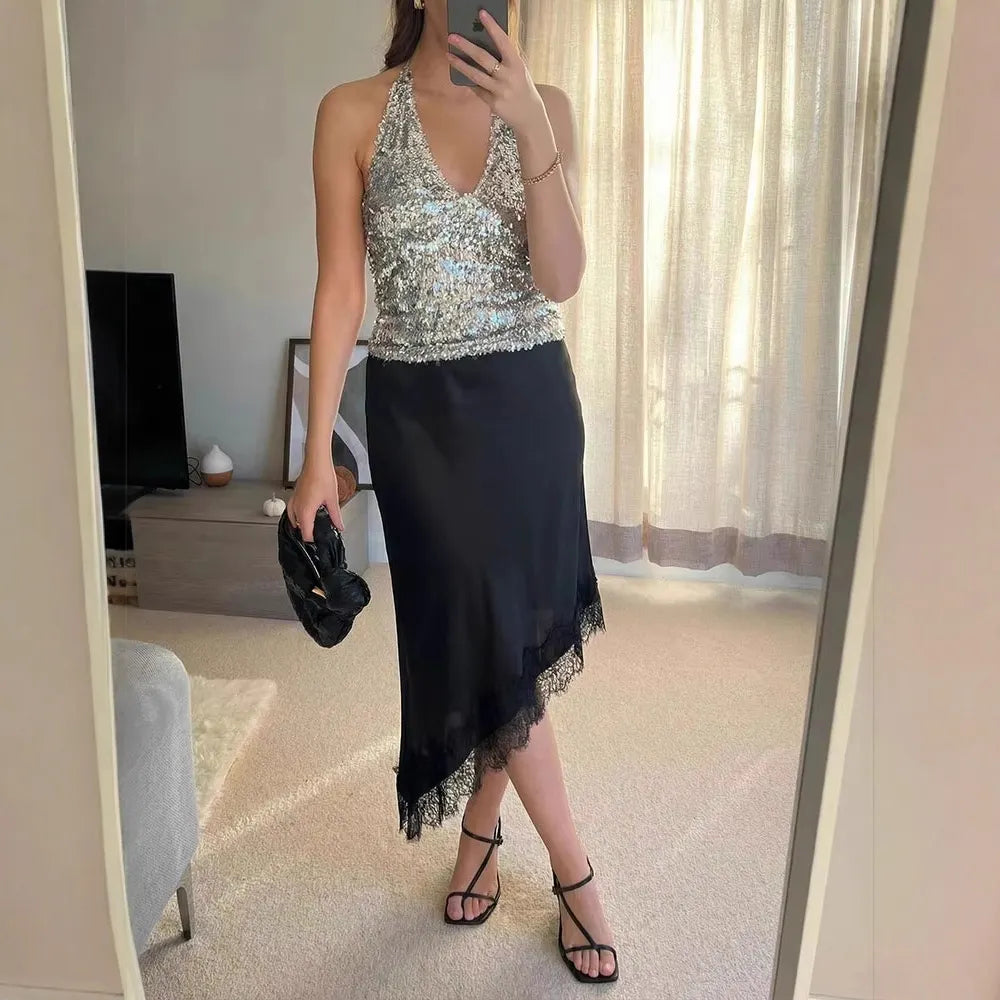 Solid Color Satin Lace Trim Irregular Hem Midi Skirt