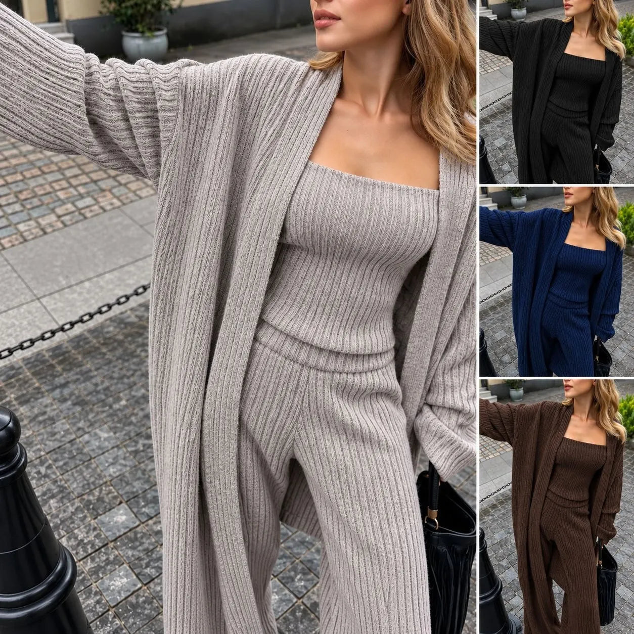 Casual Knit 3 Piece Matching Set, Heather Grey Long Duster Cardigan Cami And Wide Leg Pants Outfit