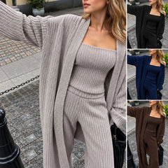 Casual Knit 3 Piece Matching Set, Heather Grey Long Duster Cardigan Cami And Wide Leg Pants Outfit