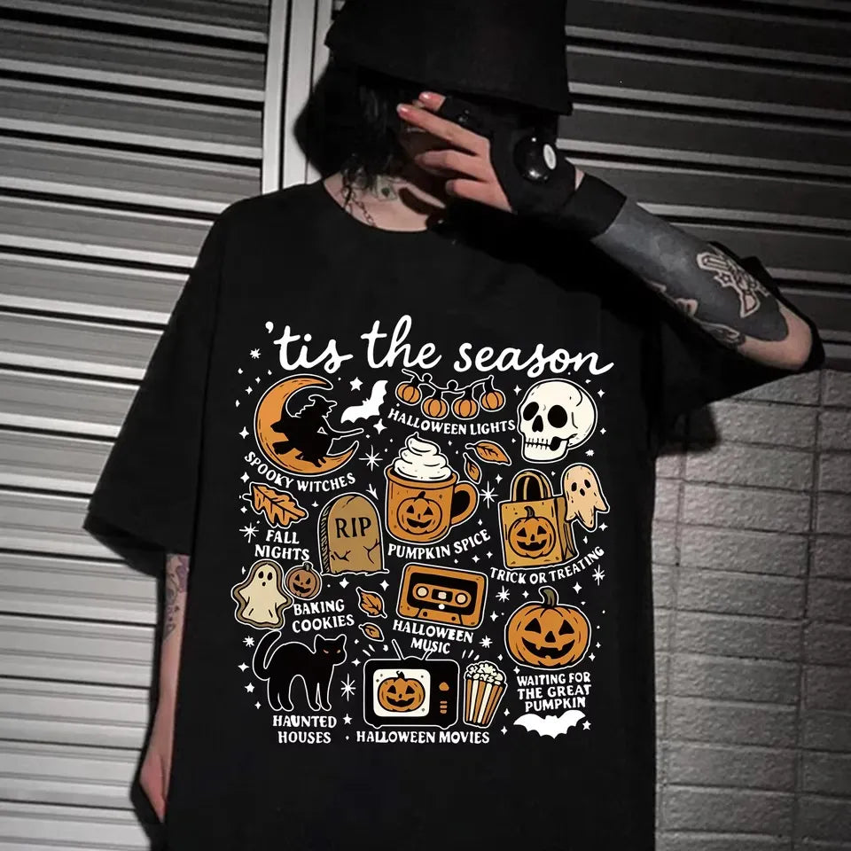 Halloween Retro Letter Graphic Crew Neck Short Sleeve T‑Shirt