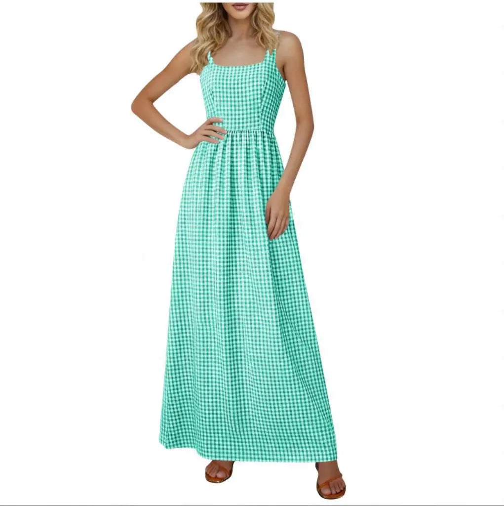 Square Neck Sleeveless Gingham Print Loose A-Line Maxi Dress