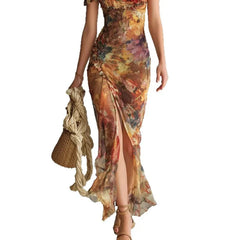 Floral Square Neck Puff Sleeve High-Slit Maxi Dress